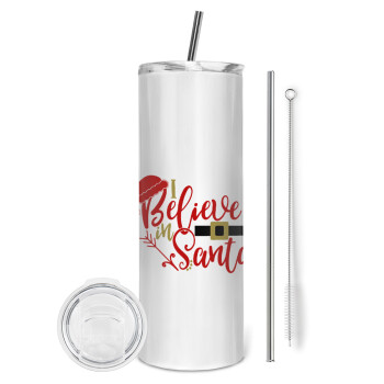 I believe in Santa, Eco friendly stainless steel tumbler 600ml, with metal straw & cleaning brush