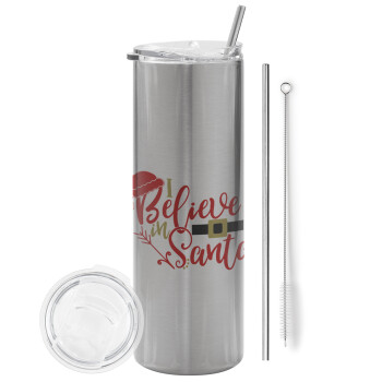 I believe in Santa, Eco friendly stainless steel Silver tumbler 600ml, with metal straw & cleaning brush