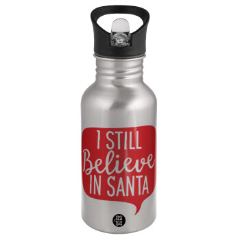 Ι still believe in santa, Water bottle Silver with straw, stainless steel 500ml