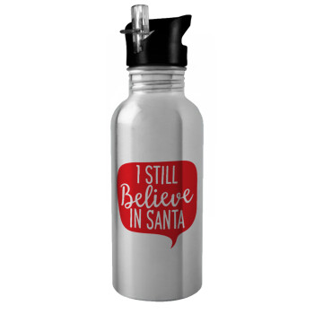 Ι still believe in santa, Water bottle Silver with straw, stainless steel 600ml