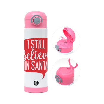 Ι still believe in santa, Children's hot water bottle, stainless steel, with safety straw, PINK (500ml)