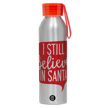 Ι still believe in santa, Αλουμινένιο Αθλητικό Μπουκάλι 650ml – Ασημί με Κόκκινο Καπάκι και Λουράκι Σιλικόνης