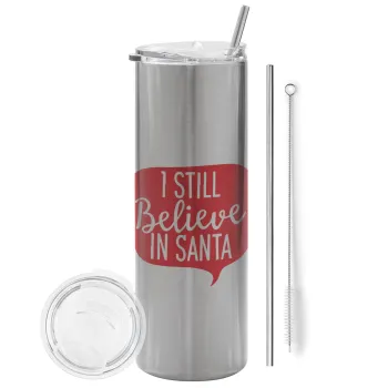 Ι still believe in santa, Tumbler ποτήρι θερμό Ασημένιο από ανοξείδωτο ατσάλι 600ml, με μεταλλικό καλαμάκι & βούρτσα καθαρισμού