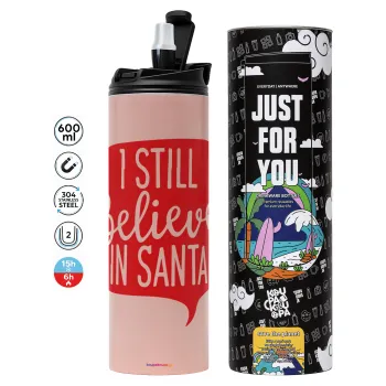 Ι still believe in santa, Tumbler ποτήρι θερμό ΡΟΖ από ανοξείδωτο ατσάλι 600ml