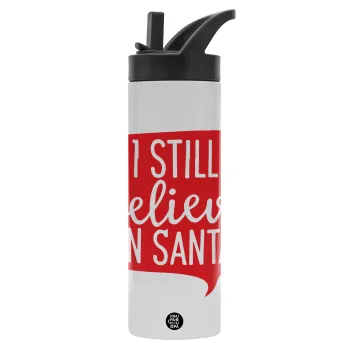 Ι still believe in santa, Metallic thermos bottle with straw & handle, stainless steel (Stainless steel 304), double-walled, 600ml.