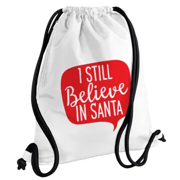 Ι still believe in santa, Backpack pouch GYMBAG white, with pocket (40x48cm) & thick cords