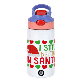 Ι still believe in Santa hearts, Children's hot water bottle, stainless steel, with safety straw, pink/purple (350ml)