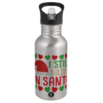 Ι still believe in Santa hearts, Water bottle Silver with straw, stainless steel 500ml