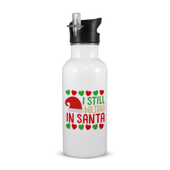 Ι still believe in Santa hearts, White water bottle with straw, stainless steel 600ml