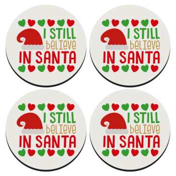 Ι still believe in Santa hearts, SET of 4 round wooden coasters (9cm)