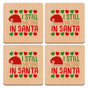 Ι still believe in Santa hearts, ΣΕΤ x4 Σουβέρ ξύλινα τετράγωνα plywood (9cm)