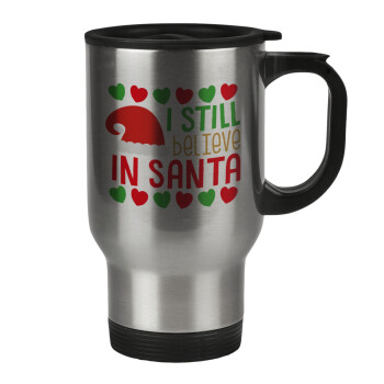 Ι still believe in Santa hearts, Stainless steel travel mug with lid, double wall 450ml