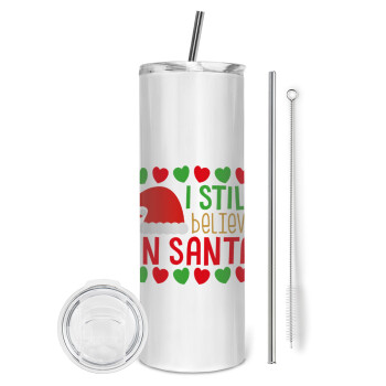 Ι still believe in Santa hearts, Eco friendly ποτήρι θερμό (tumbler) από ανοξείδωτο ατσάλι 600ml, με μεταλλικό καλαμάκι & βούρτσα καθαρισμού