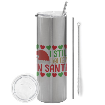 Ι still believe in Santa hearts, Eco friendly stainless steel Silver tumbler 600ml, with metal straw & cleaning brush