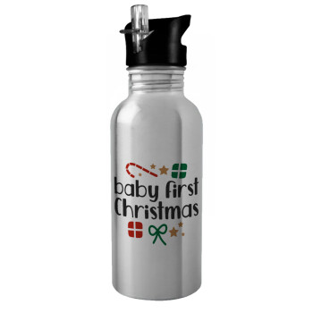 Baby first Christmas, Water bottle Silver with straw, stainless steel 600ml