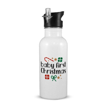 Baby first Christmas, White water bottle with straw, stainless steel 600ml