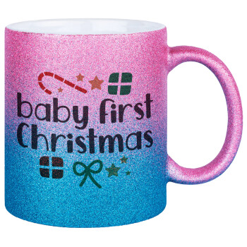 Baby first Christmas, Κούπα Χρυσή/Μπλε Glitter, κεραμική, 330ml