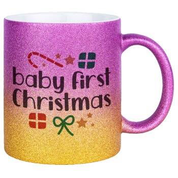 Baby first Christmas, Κούπα Χρυσή/Ροζ Glitter, κεραμική, 330ml