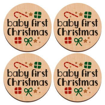 Baby first Christmas, ΣΕΤ x4 Σουβέρ ξύλινα στρογγυλά plywood (9cm)