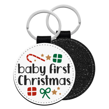 Baby first Christmas, Μπρελόκ Δερματίνη, στρογγυλό ΜΑΥΡΟ (5cm)