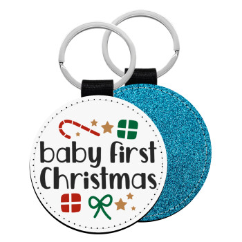 Baby first Christmas, Μπρελόκ Δερματίνη, στρογγυλό ΜΠΛΕ (5cm)