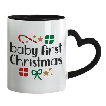 Baby first Christmas, Κούπα καρδιά χερούλι μαύρη, κεραμική, 330ml