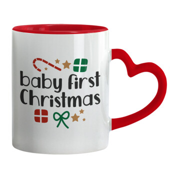 Baby first Christmas, Κούπα καρδιά χερούλι κόκκινη, κεραμική, 330ml