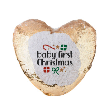 Baby first Christmas, Μαξιλάρι καναπέ καρδιά Μαγικό Χρυσό με πούλιες 40x40cm περιέχεται το  γέμισμα