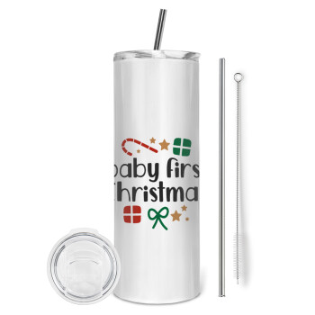 Baby first Christmas, Eco friendly stainless steel tumbler 600ml, with metal straw & cleaning brush