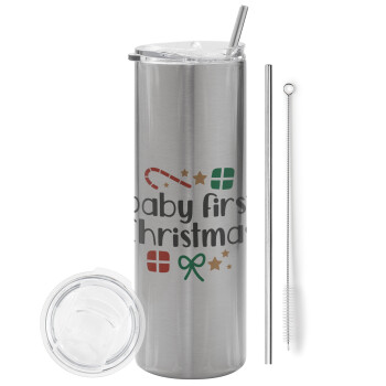 Baby first Christmas, Eco friendly stainless steel Silver tumbler 600ml, with metal straw & cleaning brush