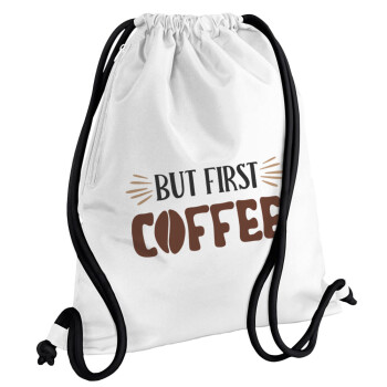 But first Coffee, Backpack pouch GYMBAG white, with pocket (40x48cm) & thick cords