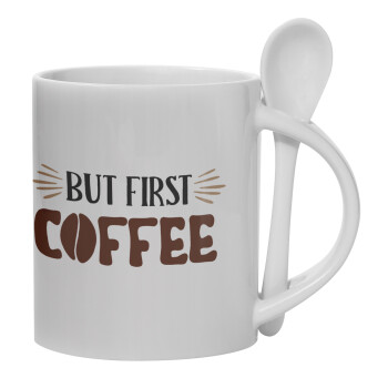 But first Coffee, Ceramic coffee mug with Spoon, 330ml (1pcs)