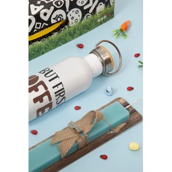 But first Coffee, Πασχαλινή Λαμπάδα με παγούρι μεταλλικό (620ml, stainless steel) & κερί αρωματικό πλακέ (30cm) (ΤΙΡΚΟΥΑΖ)