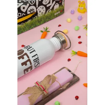 But first Coffee, Πασχαλινή Λαμπάδα με παγούρι μεταλλικό (620ml, stainless steel) & κερί αρωματικό πλακέ (30cm) (ΡΟΖ)