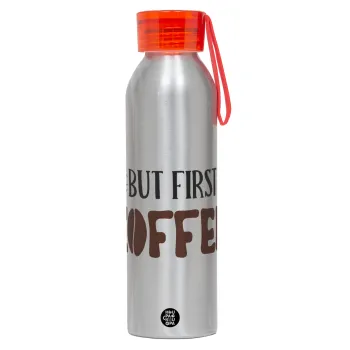 But first Coffee, Αλουμινένιο Αθλητικό Μπουκάλι 650ml – Ασημί με Κόκκινο Καπάκι και Λουράκι Σιλικόνης