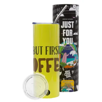 But first Coffee, Neon Yellow Travel Tumbler θερμό, μεταλλικό καλαμάκι(Ανωξείδωτο 304 Food grade, BPA free, 600ml)