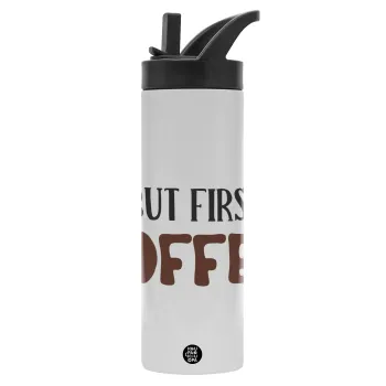 But first Coffee, Metallic thermos bottle with straw & handle, stainless steel (Stainless steel 304), double-walled, 600ml.