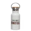 Metallic thermos (Stainless steel) White with wooden lid (bamboo), double-walled, 350ml