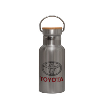 Toyota, Μεταλλικό παγούρι θερμός (Stainless steel) Ασημένιο με ξύλινο καπακι (bamboo), διπλού τοιχώματος, 350ml