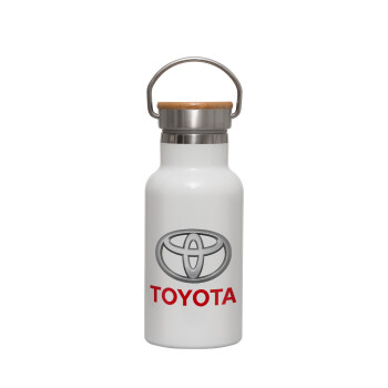 Toyota, Μεταλλικό παγούρι θερμός (Stainless steel) Λευκό με ξύλινο καπακι (bamboo), διπλού τοιχώματος, 350ml