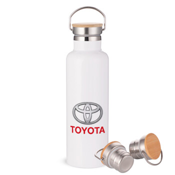 Toyota, Μεταλλικό παγούρι θερμός (Stainless steel) Λευκό με ξύλινο καπακι (bamboo), διπλού τοιχώματος, 750ml