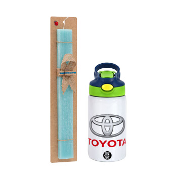 Toyota, Easter Set, Children's thermal stainless steel bottle with safety straw, green/blue (350ml) & aromatic flat Easter candle (30cm) (TURQUOISE)