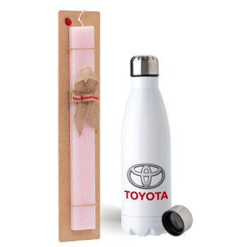 Toyota, Easter Set, metallic stainless steel water bottle (750ml) & scented flat Easter candle (30cm) (PINK)