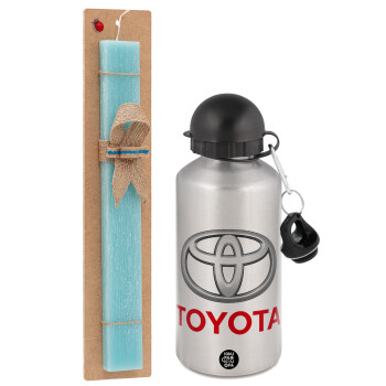 Toyota, Easter Set, metallic silver aluminum water bottle (500ml) & scented flat Easter candle (30cm) (TURQUOISE)