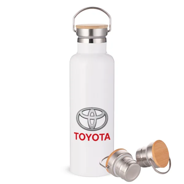 Toyota — Μεταλλικό παγούρι θερμός (Stainless steel) Λευκό με ξύλινο καπάκι (bamboo), διπλού τοιχώματος, 750ml