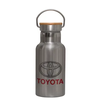 Toyota, Μεταλλικό παγούρι θερμός (Stainless steel) Ασημένιο με ξύλινο καπακι (bamboo), διπλού τοιχώματος, 350ml