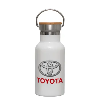 Toyota, Μεταλλικό παγούρι θερμός (Stainless steel) Λευκό με ξύλινο καπακι (bamboo), διπλού τοιχώματος, 350ml