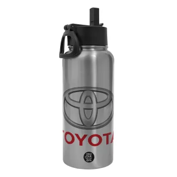 Toyota, Μεταλλικό παγούρι θερμός Silver με καλαμάκι και χερούλι (Stainless steel), διπλού τοιχώματος, 950ml