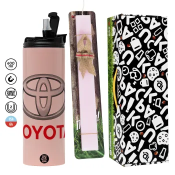 Toyota, Easter candle,Travel Tumbler 2 Lids, with metal straw & cleaning brush & aromatic flat candle (30cm) (PINK)