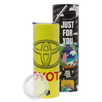 Toyota, Neon Yellow Travel Tumbler θερμό, μεταλλικό καλαμάκι(Ανωξείδωτο 304 Food grade, BPA free, 600ml)